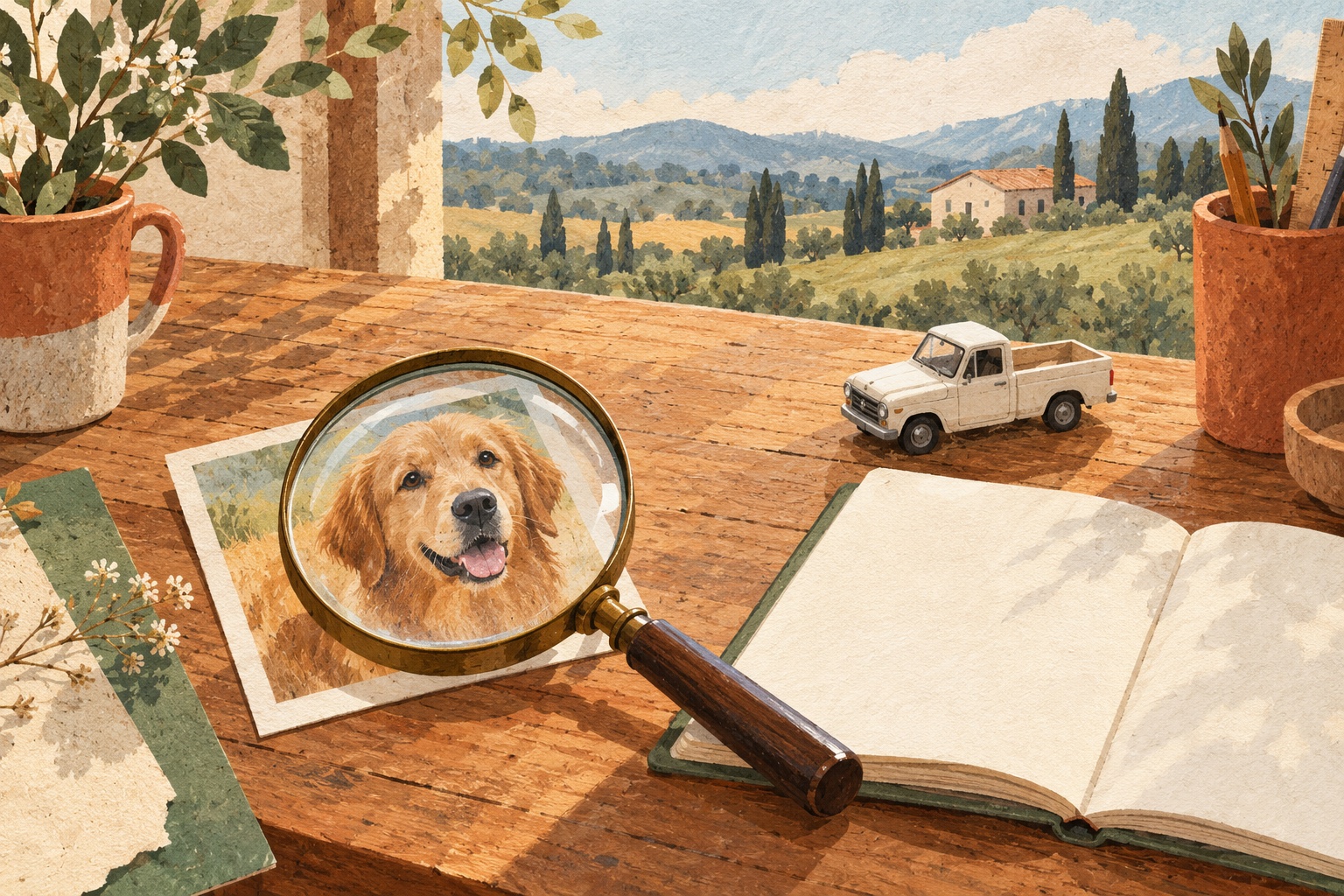 Editorial illustration of a magnifying glass reviewing a dog portrait beside a white pickup model