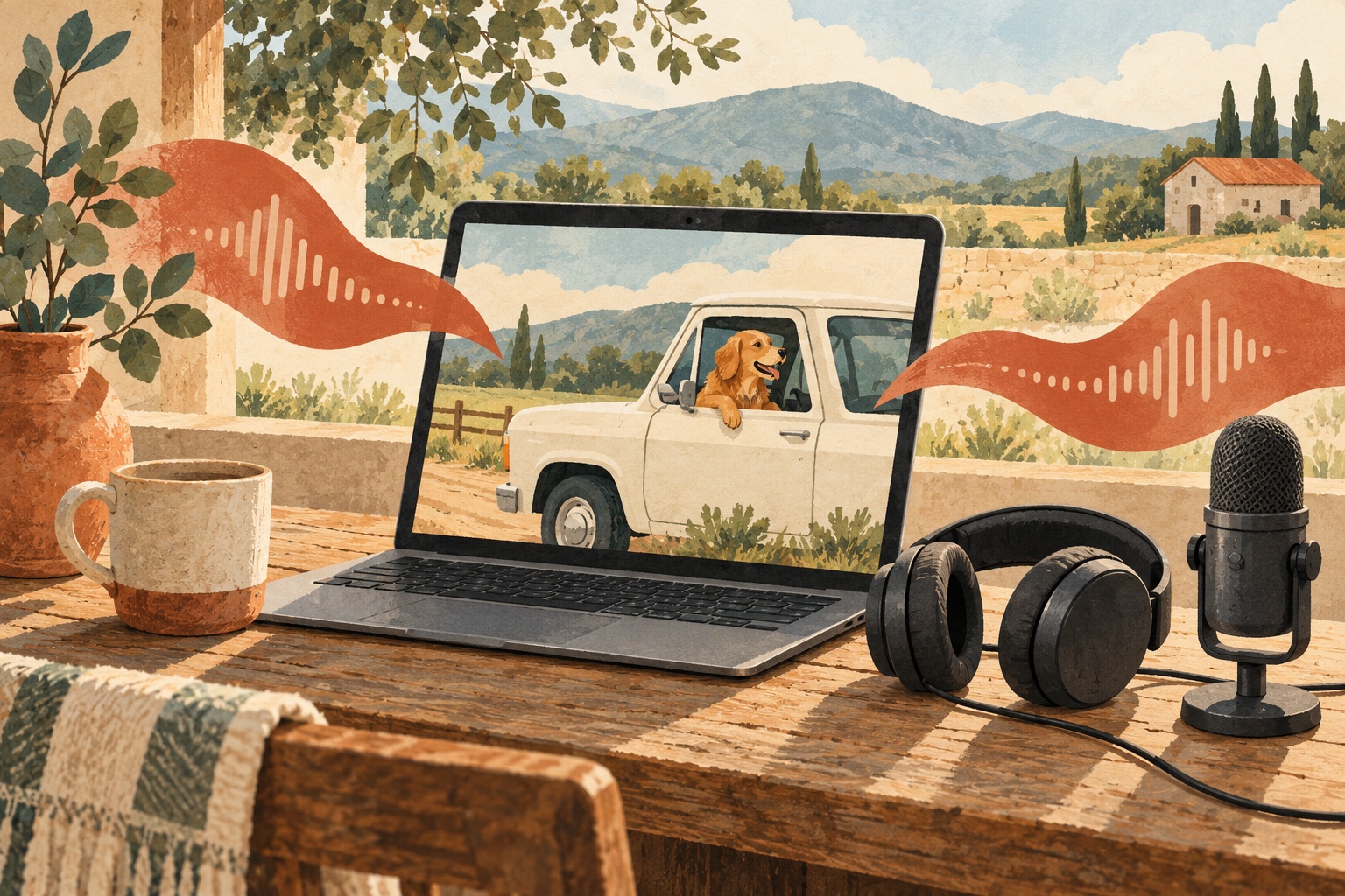 Editorial illustration of a dog video, headphones and separate sound waves on a rural workbench