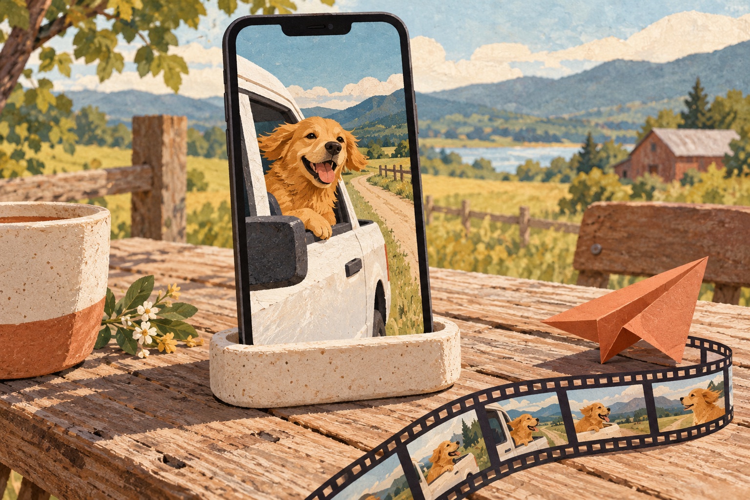 Editorial illustration of a phone displaying a dog at a white pickup window with a paper airplane on the table
